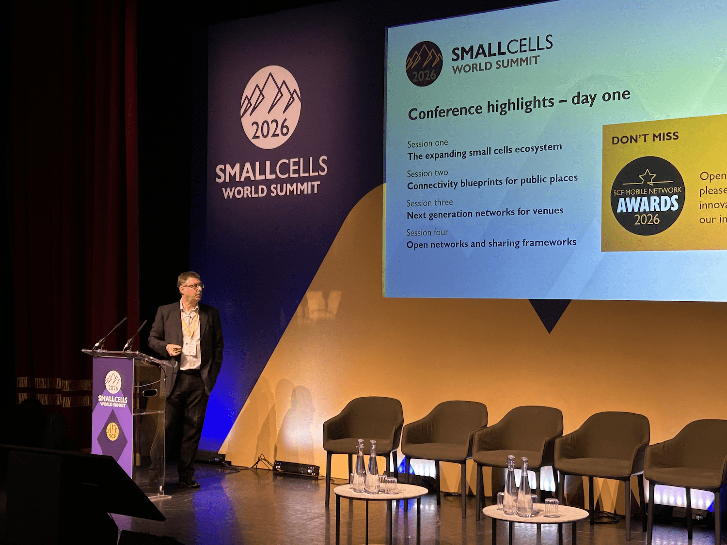 Speaker at the Small Cells World Summit 2026 presenting day one conference highlights, covering four sessions on small cells, connectivity, and network sharing